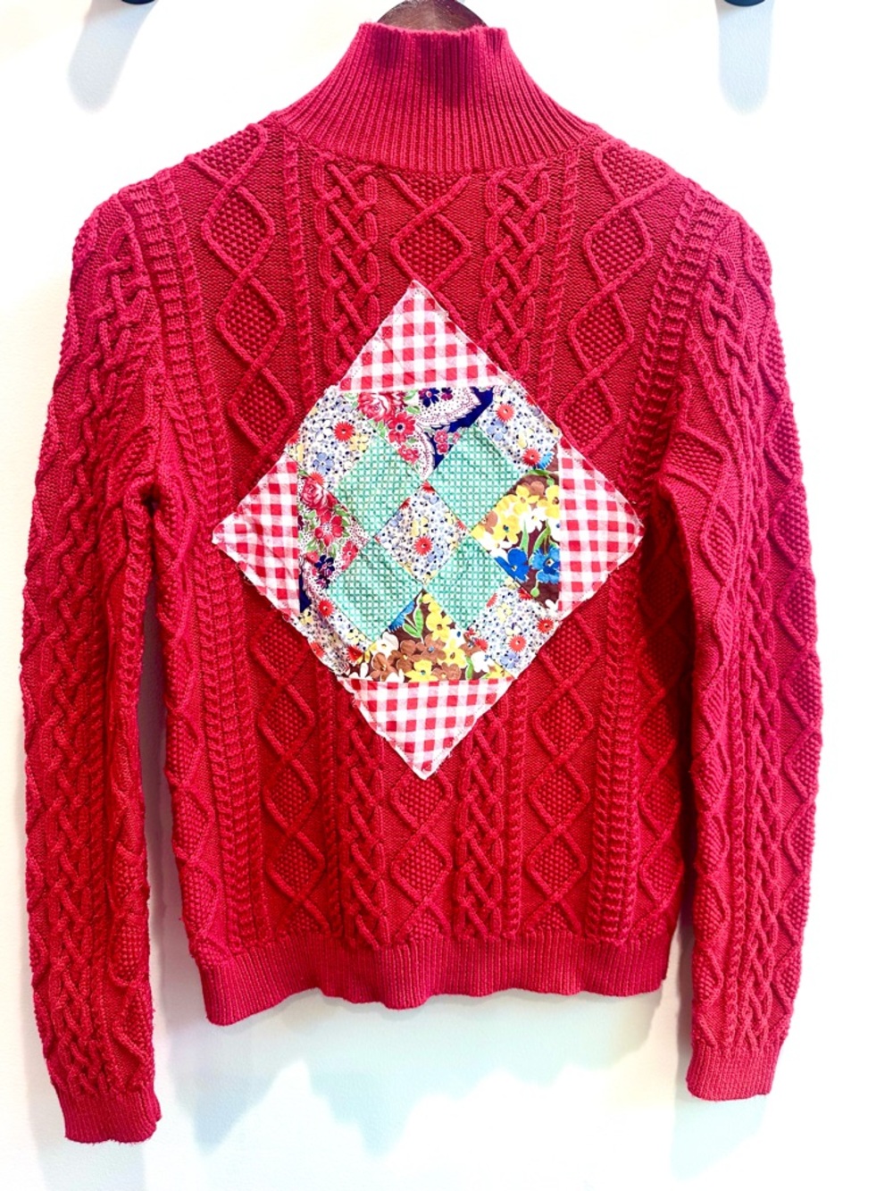 One of a Kind Lauren Ralph Lauren Red Cotton Cable Knit Sweater S Vintage Quilt - Picture 2 of 11